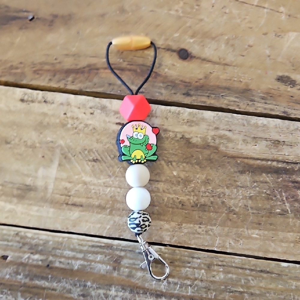 Frog Charm Keychain with Red and White Beads